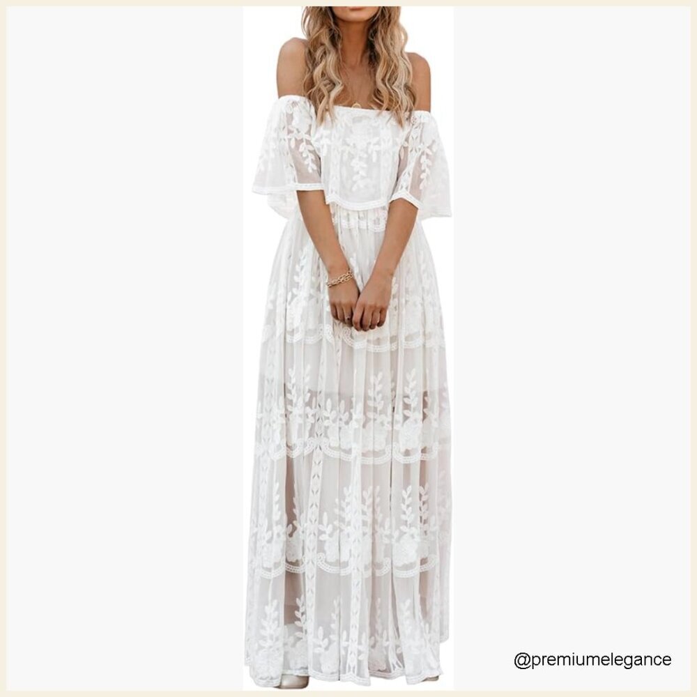 Off Shoulder Lace Maxi Dress Boho Bridesmaid Wedding Party Evening